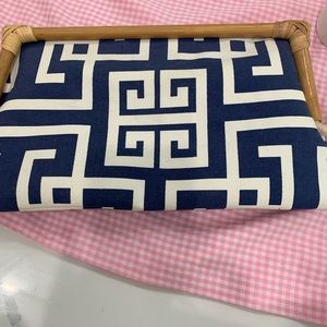 Donna Dixon blue and white bamboo clutch